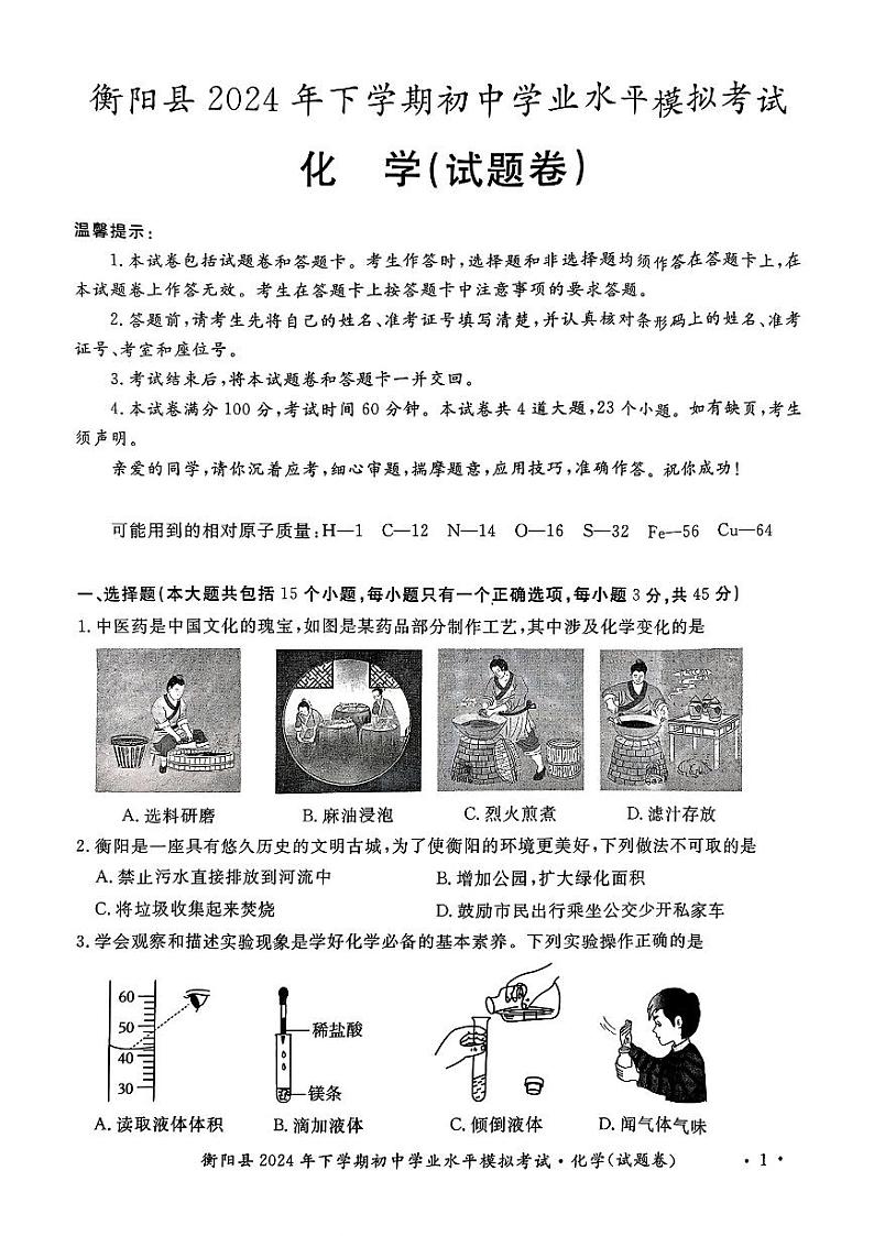 湖南省衡阳市衡阳县2024-2025学年九年级上学期初中学业水平模拟考试化学试题第1页