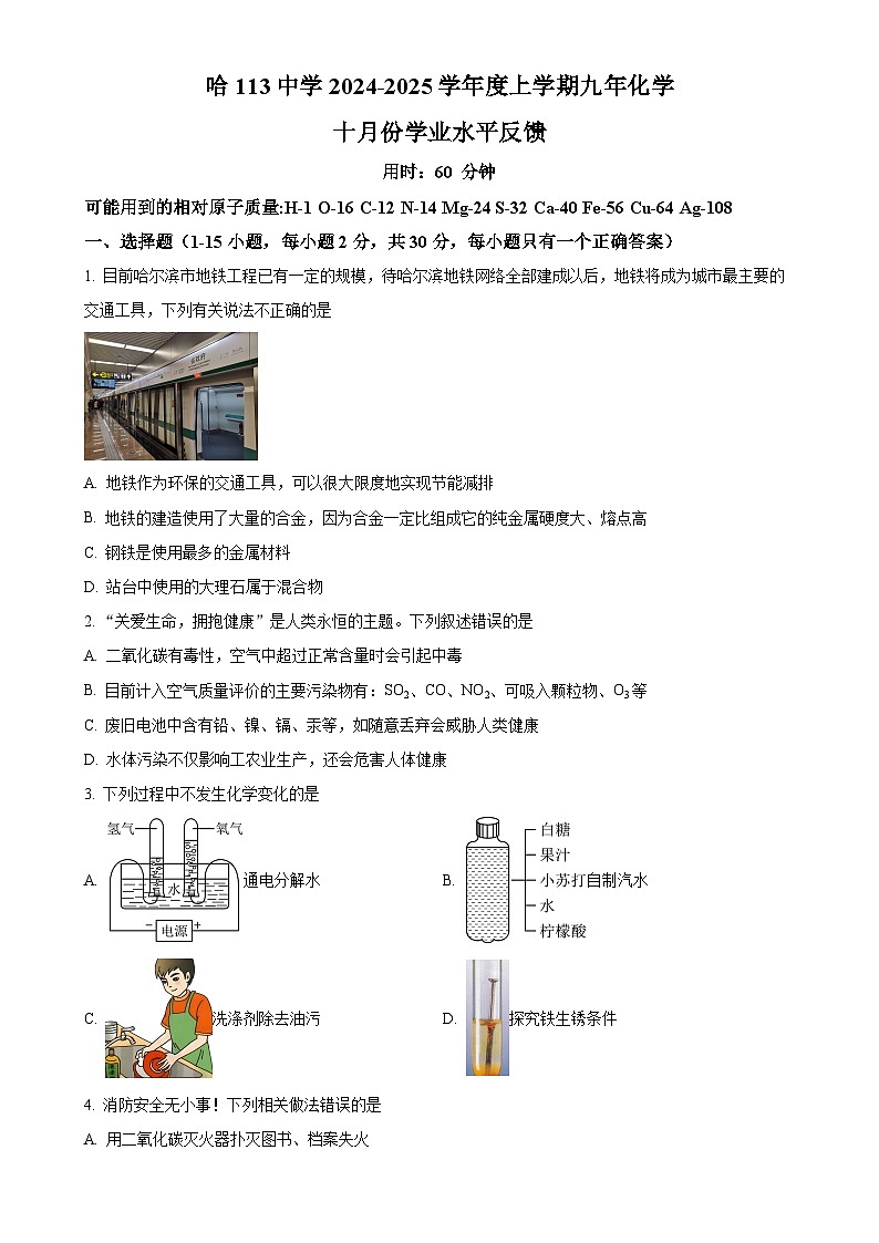 黑龙江省哈尔滨市第一一三中学校2024-2025学年九年级上学期十月份学业水平反馈化学试题（原卷版）-A4第1页