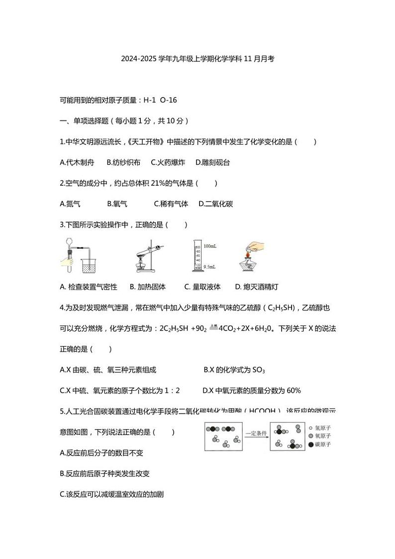 2024～2025学年吉林省吉林市永吉县第十三中学九年级(上)11月月考化学试卷(含答案)第1页