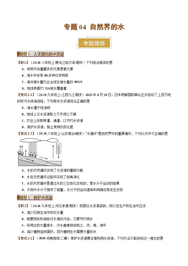 2024-2025学年九年级化学上学期期末专题复习  专题04 自然界的水（考题猜想）第1页