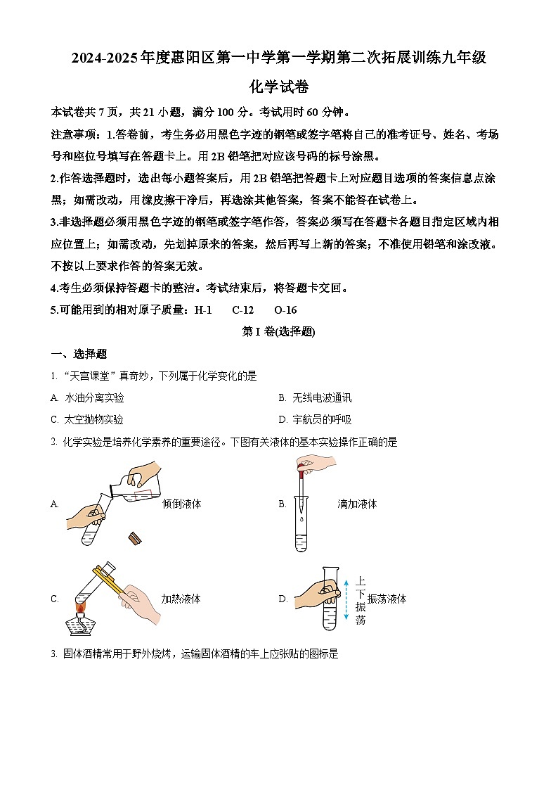 广东省惠州市惠阳区第一中学2024-2025学年九年级上学期11月期中考试化学试题第1页