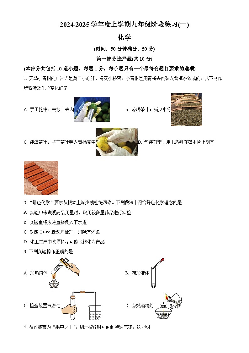 辽宁省沈阳市杏坛中学2024-2025学年九年级上学期10月月考化学试题（原卷版）-A4第1页