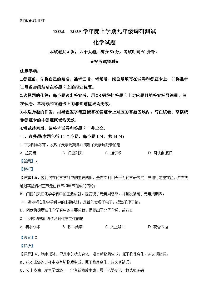 河南省信阳市平桥区2024-2025学年九年级上学期10月月考化学试题（解析版）-A4第1页