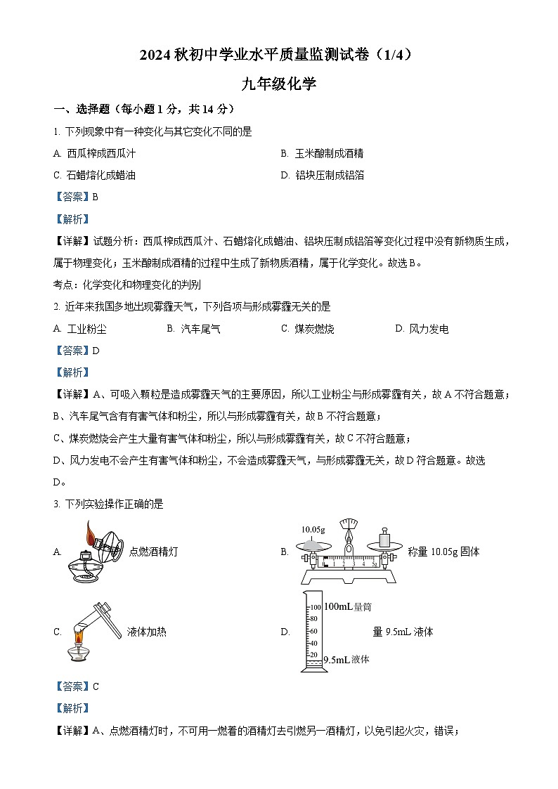 河南省驻马店市多校2024-2025学年九年级上学期第一次月考检测化学试题（解析版）-A4第1页