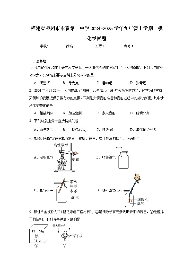 福建省泉州市永春第一中学2024-2025学年九年级上学期一模化学试题第1页