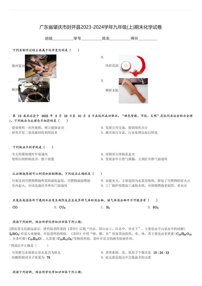广东省肇庆市封开县2023-2024学年九年级(上)期末化学试卷(含解析)第1页