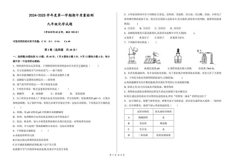 山东省东营市东营区第十一中学2024-2025学年九年级上学期期中考试化学试题第1页