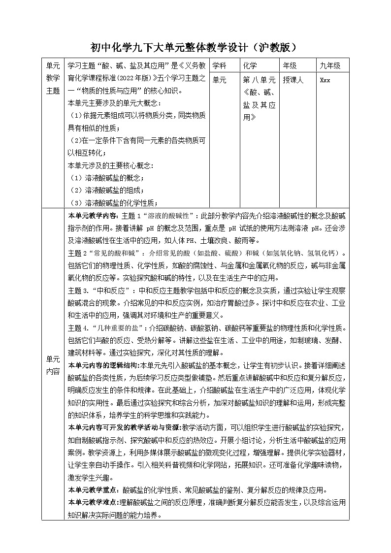 【大单元教学设计】8.1 溶液的酸碱性 教学设计第1页