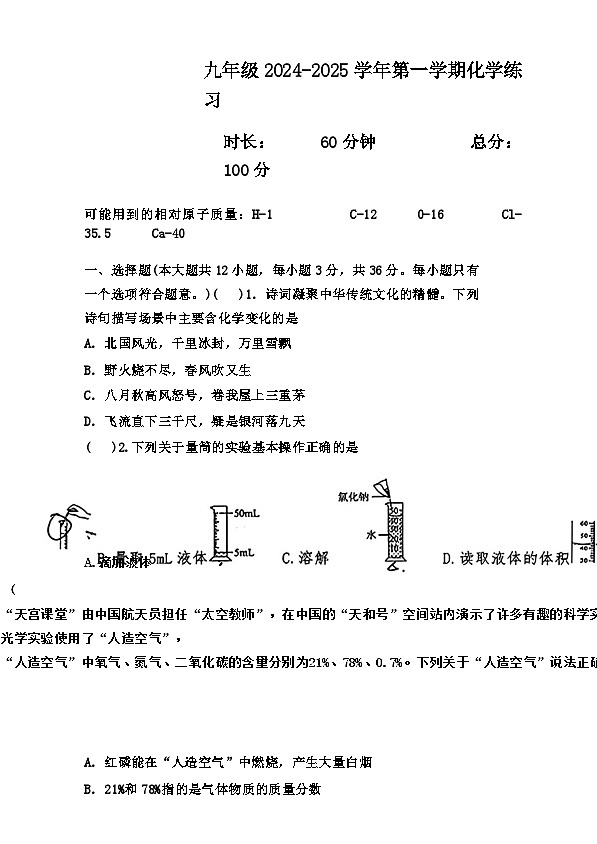 湖南省长沙市一中双语实验学校2024-2025学年九年级上学期第三次月考化学试题第1页
