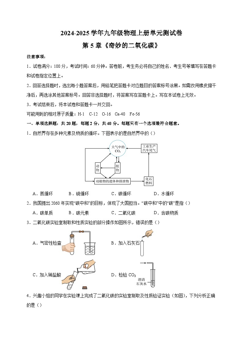 2024-2025学年九年级化学上册第5章《奇妙的二氧化碳》单元测试卷（沪教版2024新教材）第1页