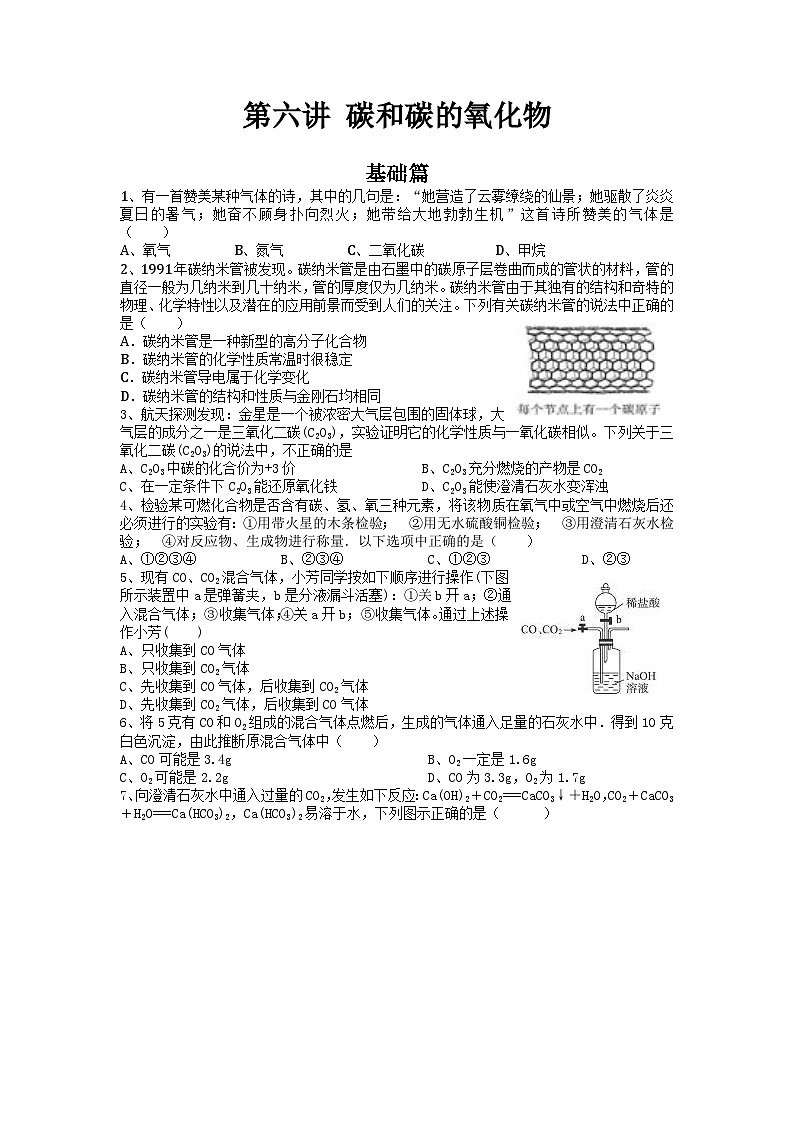 第六讲 碳和碳的氧化物——2024-2025学年浙江省中考科学专项练习（化学专题）第1页