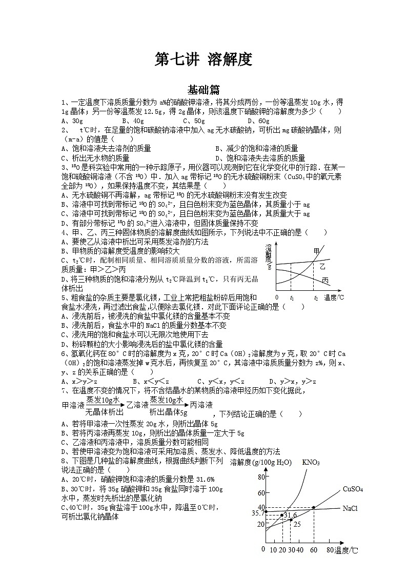 第七讲 溶解度——2024-2025学年浙江省中考科学专项练习（化学专题）第1页