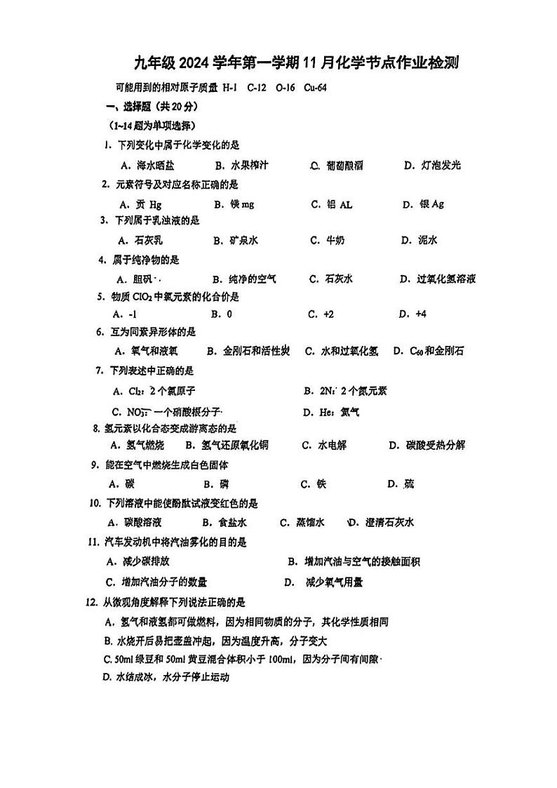 上海市文来中学2024-2025学年九年级上学期11月化学节点作业检测第1页