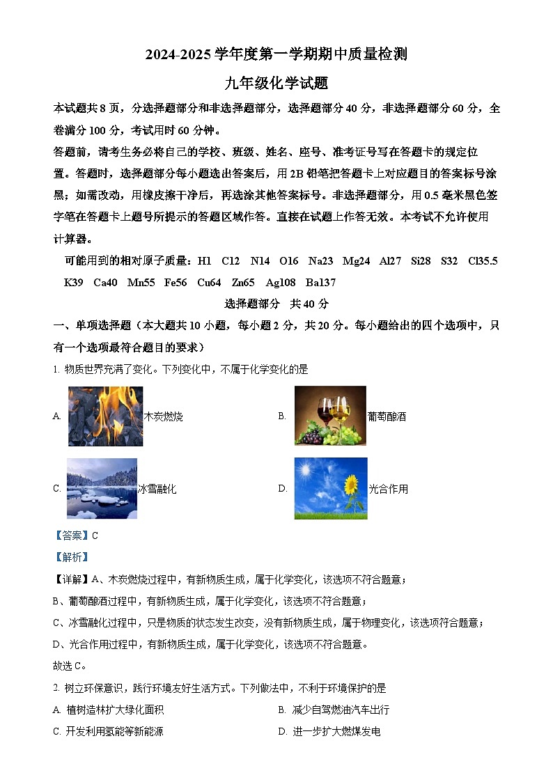 山东省济南市东南片区2024-2025学年九年级上学期期中考试化学试题（解析版）-A4第1页