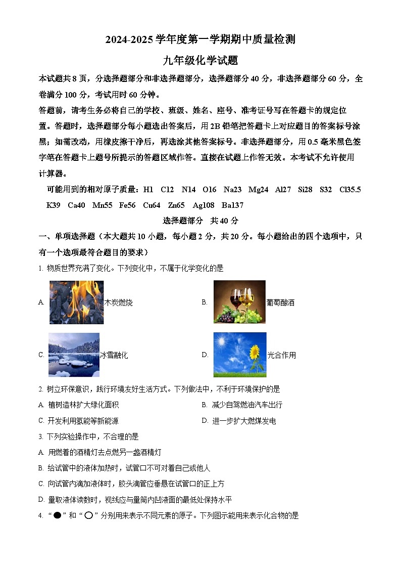 山东省济南市东南片区2024-2025学年九年级上学期期中考试化学试题（原卷版）-A4第1页