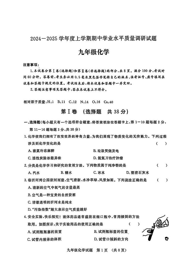 山东省临沂市河东区2024-2025学年九年级上学期11月期中化学试题第1页