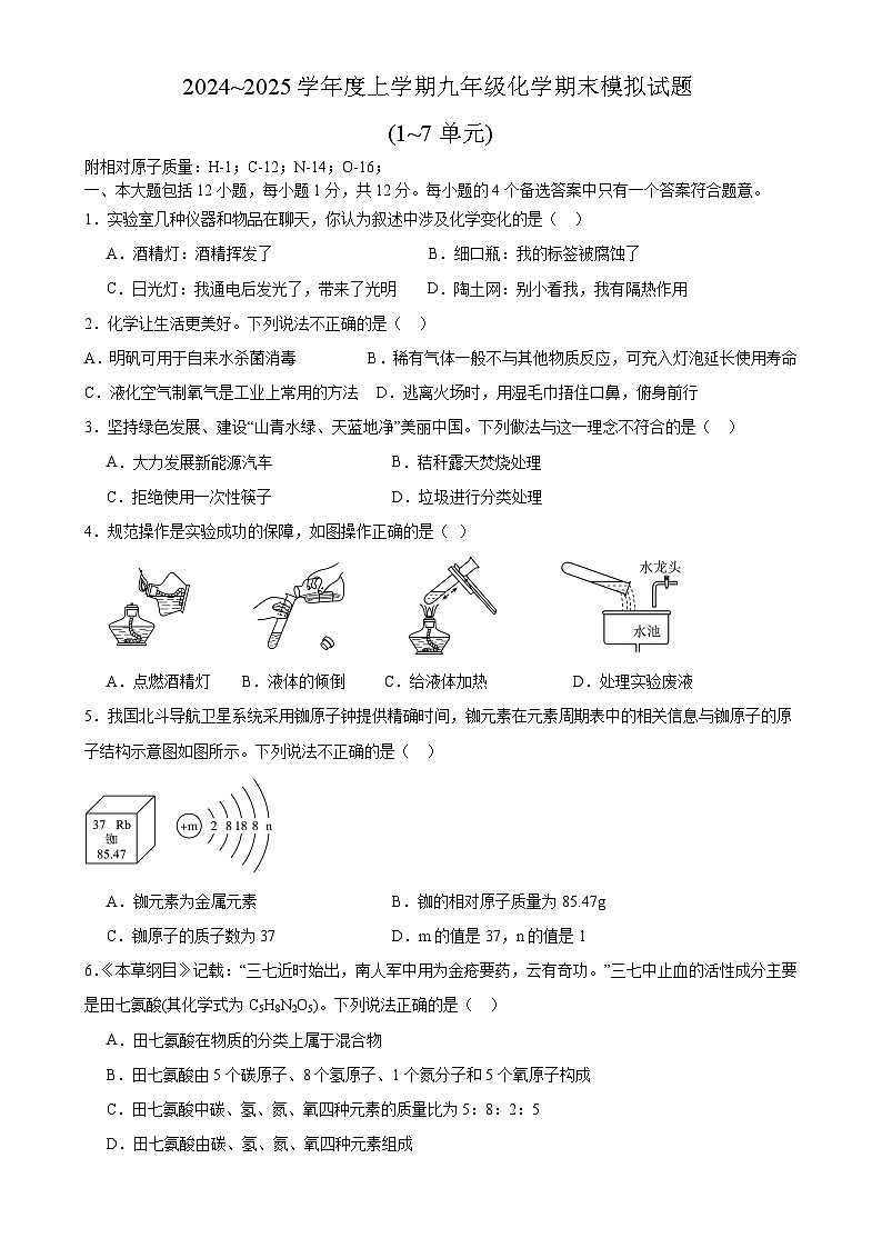 安徽省合肥市第四十二中学湖畔分校2024~2025学年九年级上学期化学期末模拟试题-A4第1页