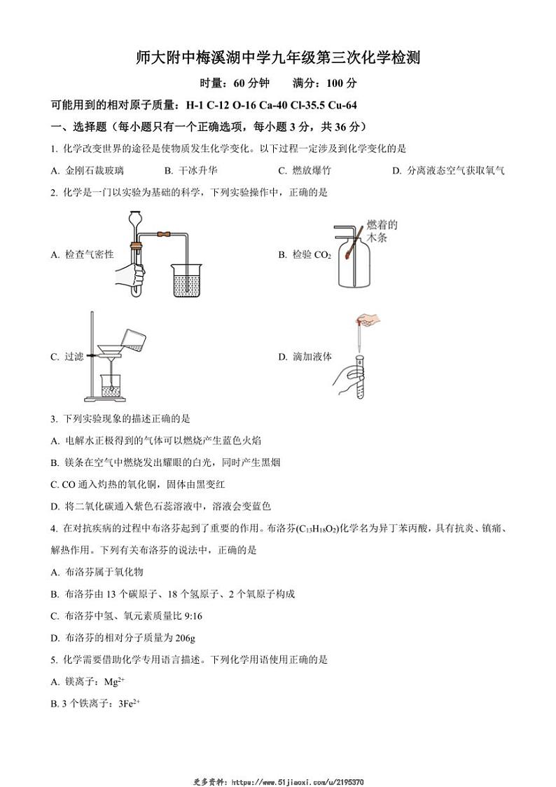 2024～2025学年湖南省长沙市师大附中梅溪湖中学九年级(上)第三次月考化学试卷(含答案)第1页