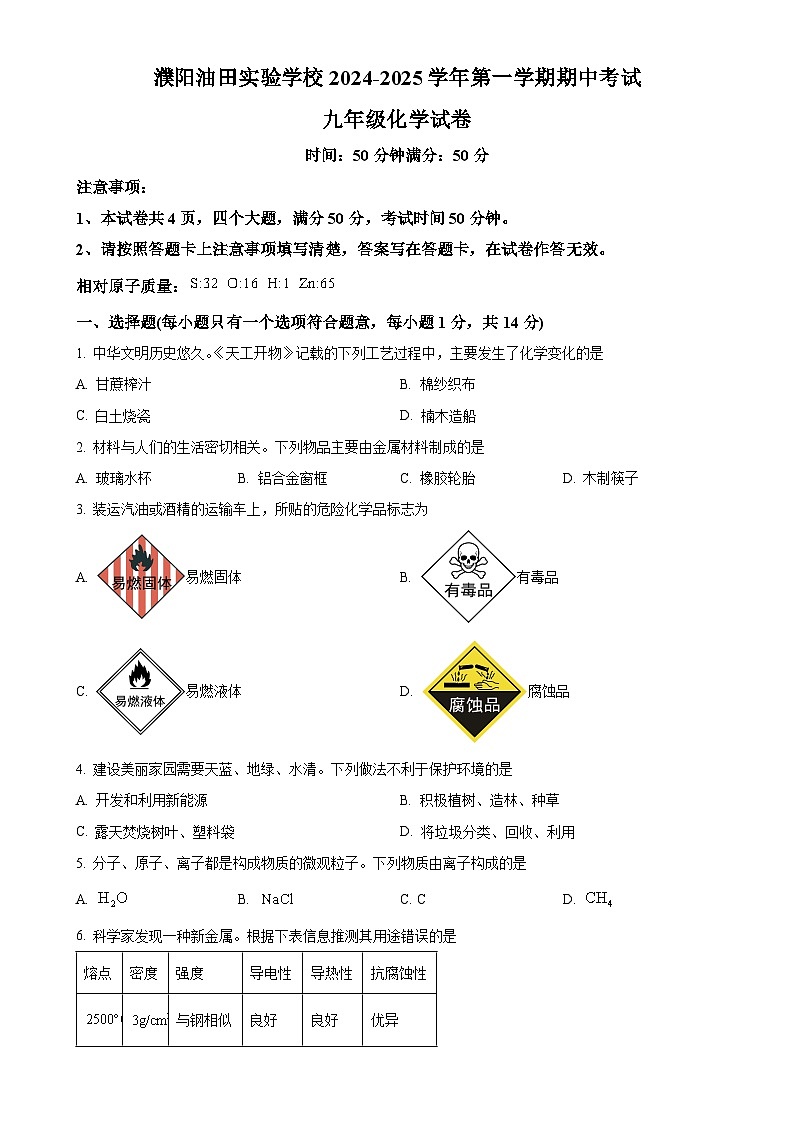 河南省濮阳市2024-2025学年九年级上学期期中考试化学试题（原卷版）-A4第1页