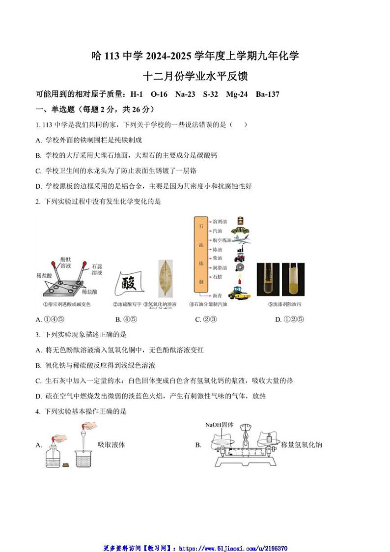 2024～2025学年黑龙江省哈尔滨市第一一三中学九年级(上)12月学业水平反馈化学试卷(含答案)第1页
