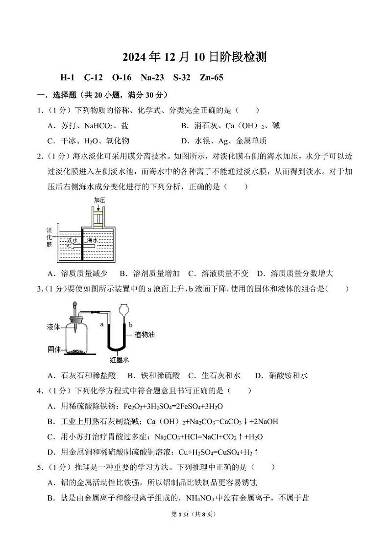 山东省淄博市张店区第九中学2024-2025学年九年级上学期12月份学情检测化学试题第1页
