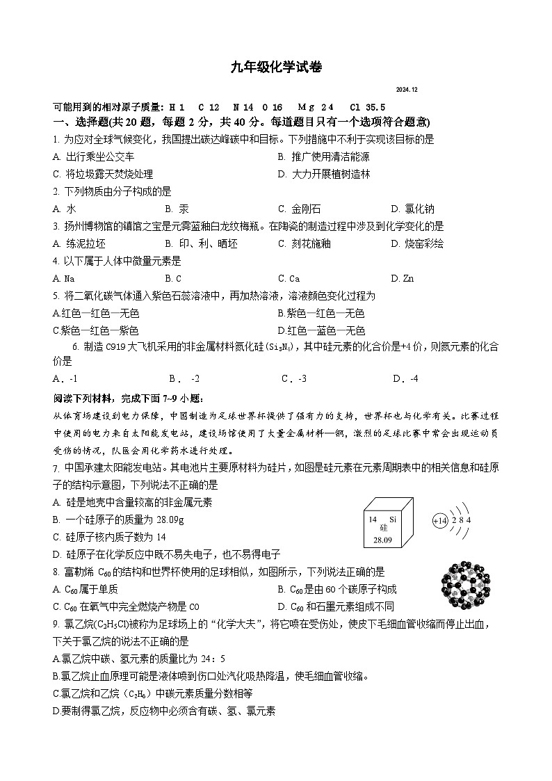 扬州市江都区2024-2025学年九年级上学期第二次月考化学试题第1页