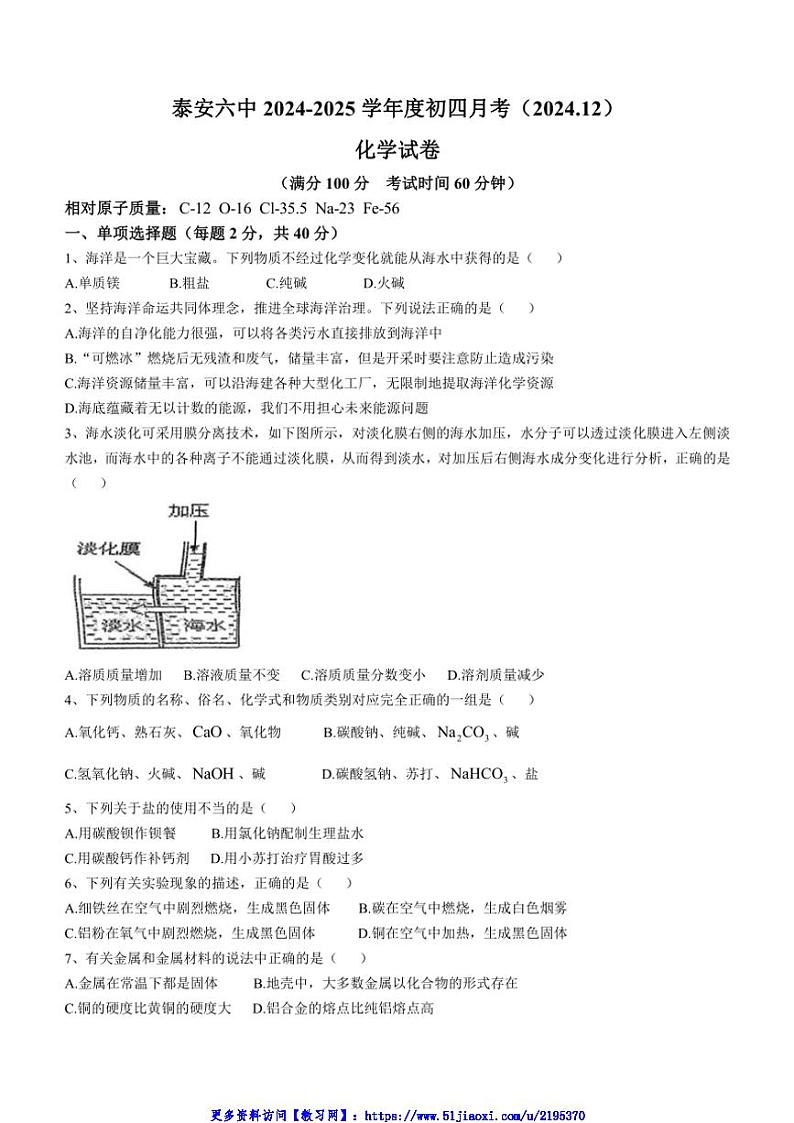 2024～2025学年山东省泰安市第六中学九年级(上)12月月考化学试卷(无答案)第1页