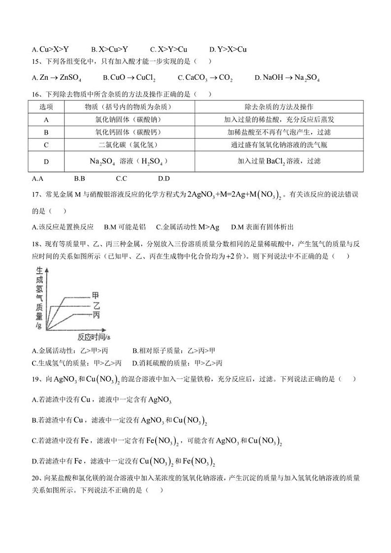 2024～2025学年山东省泰安市第六中学九年级(上)12月月考化学试卷(无答案)第3页