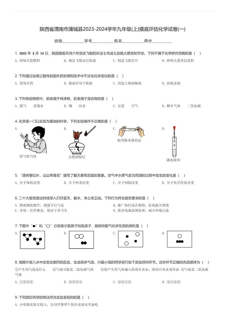 陕西省渭南市蒲城县2023-2024学年九年级(上)摸底评估化学试卷(一)(含解析)第1页