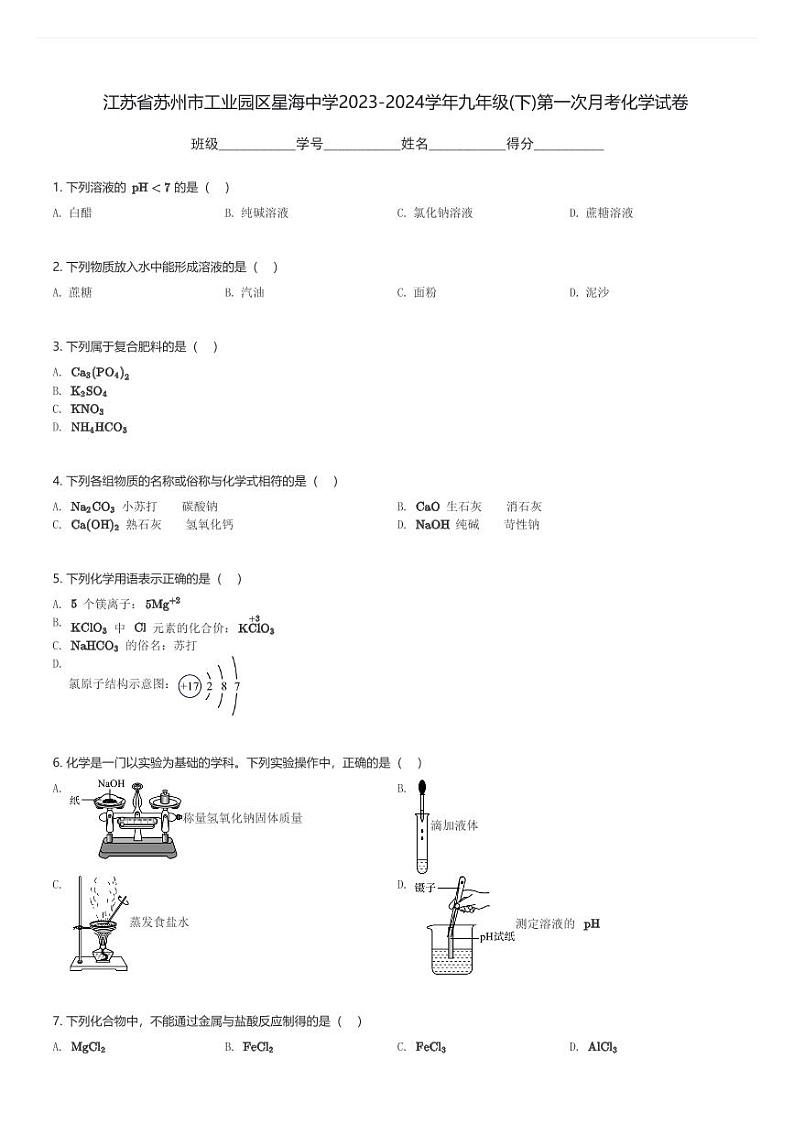 江苏省苏州市工业园区星海中学2023-2024学年九年级(下)第一次月考化学试卷(含解析)第1页