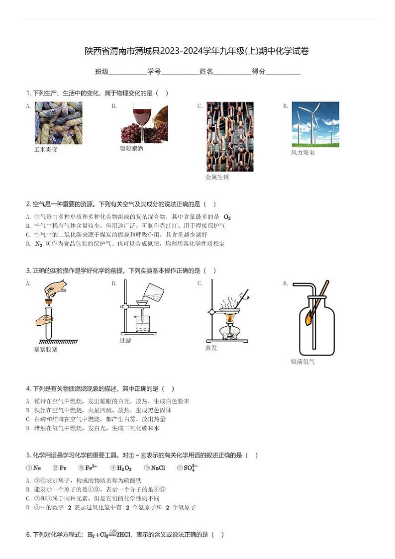 陕西省渭南市蒲城县2023-2024学年九年级(上)期中化学试卷(含解析)第1页