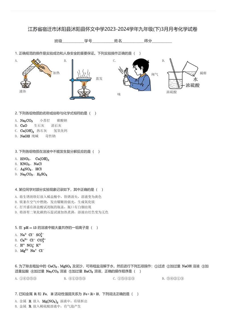 江苏省宿迁市沭阳县沭阳县怀文中学2023-2024学年九年级(下)3月月考化学试卷(含解析)第1页