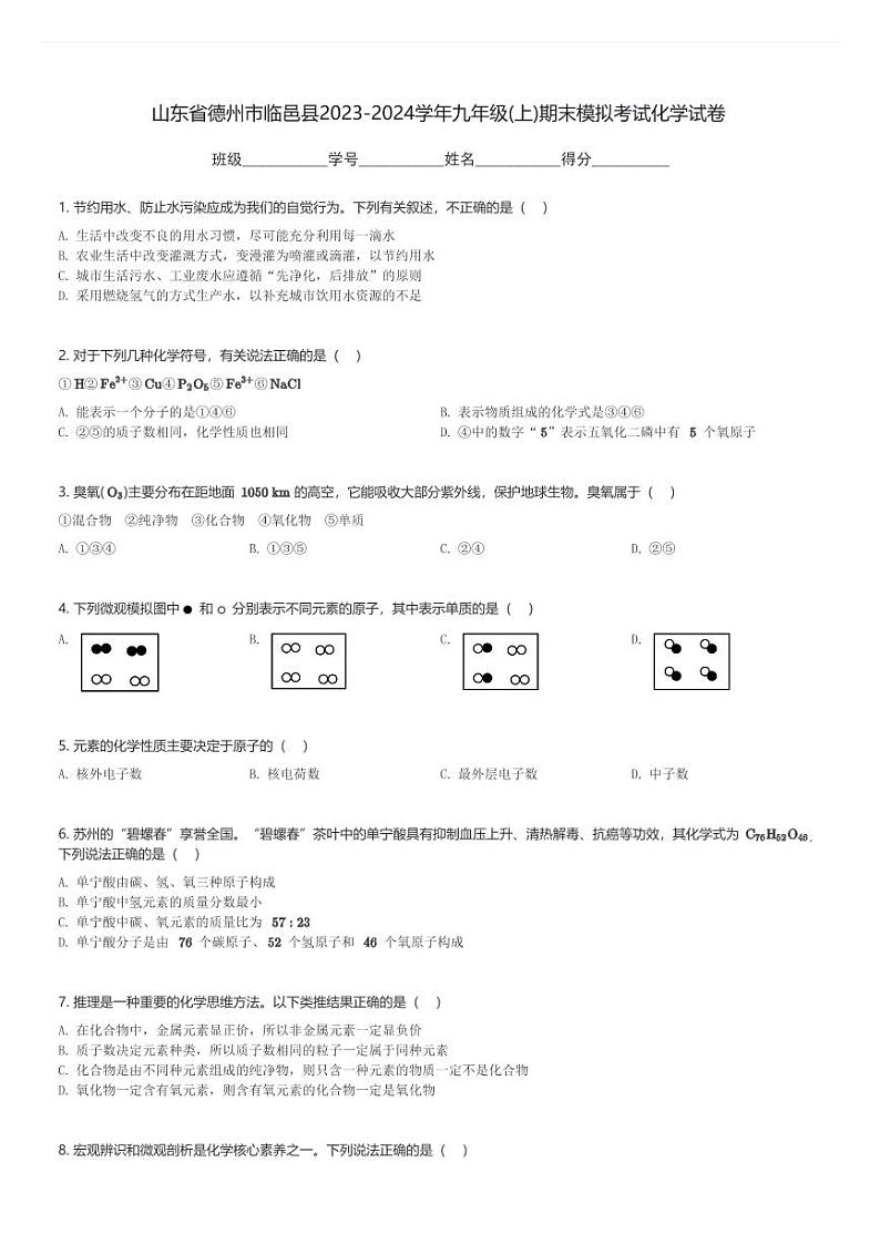 山东省德州市临邑县2023-2024学年九年级(上)期末模拟考试化学试卷(含解析)第1页