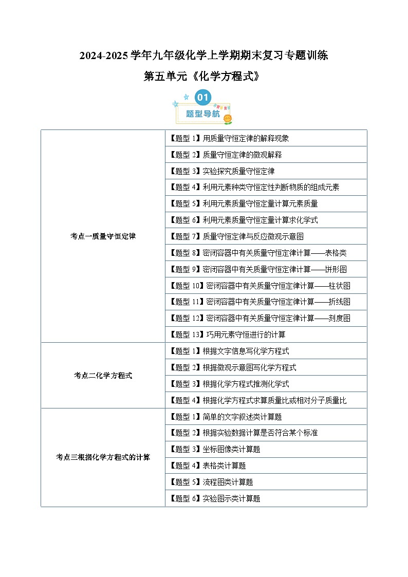 第五单元《化学方程式》-2024-2025学年九年级化学上学期期末复习专题训练（人教版）第1页