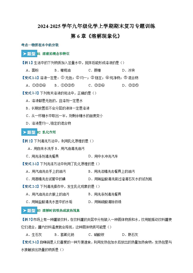 第6章《溶解现象化》-2024-2025学年九年级化学上学期期末复习专题训练（沪教版·全国）第1页