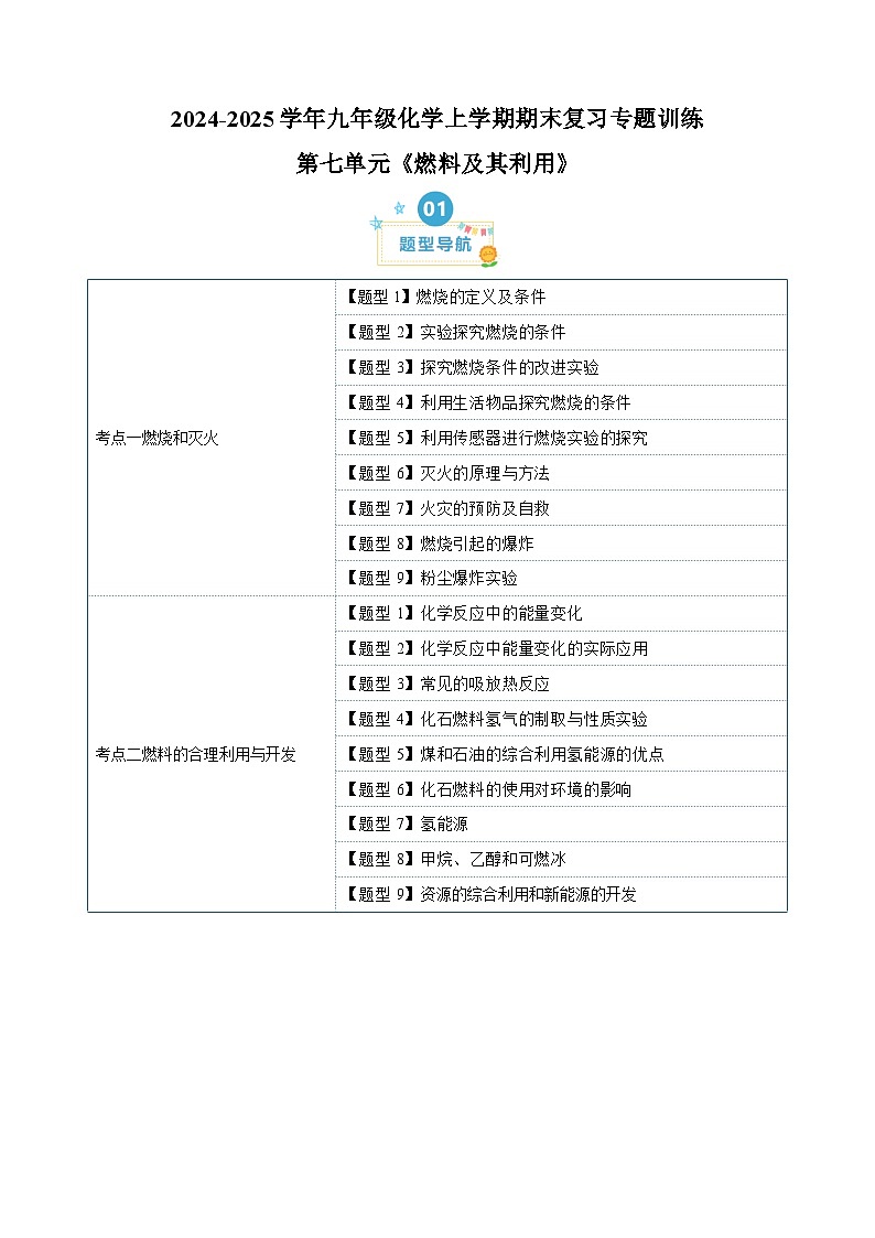 第七单元《燃料及其利用》-2024-2025学年九年级化学上学期期末复习专题训练（人教版）第1页