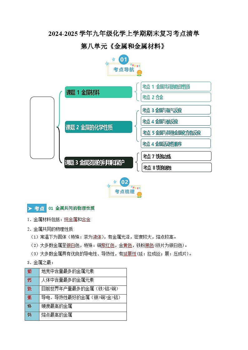 第八单元《金属和金属材料》-2024-2025学年九年级化学上学期期末复习考点清单（人教版）第1页