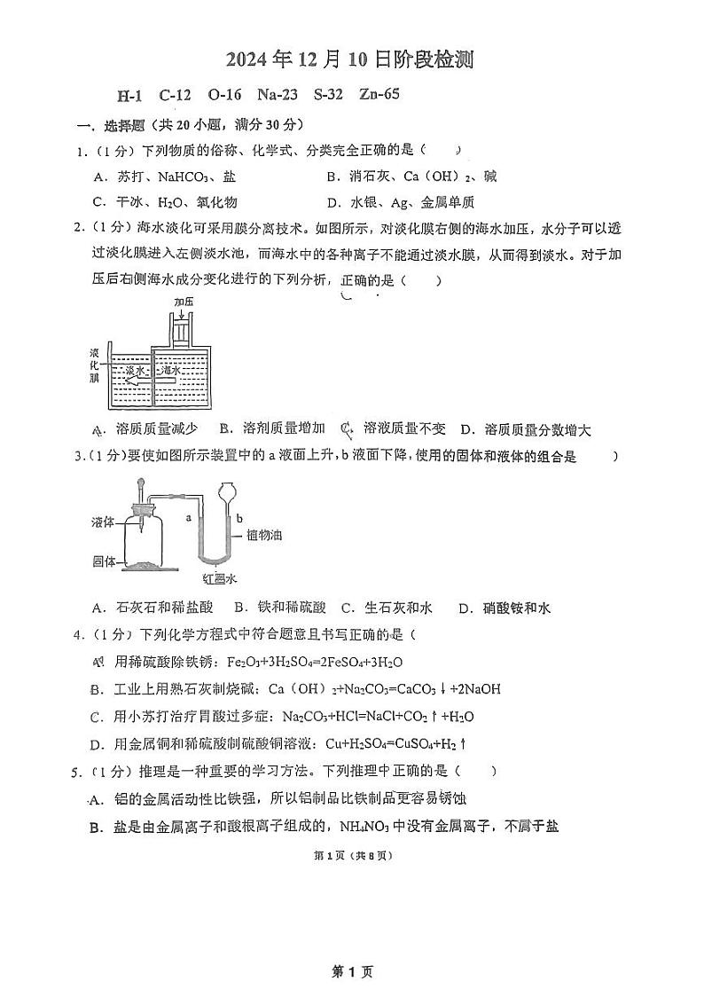 山东省淄博市张店区2024-2025初四化学上学期张店九中12.10月考 第1页