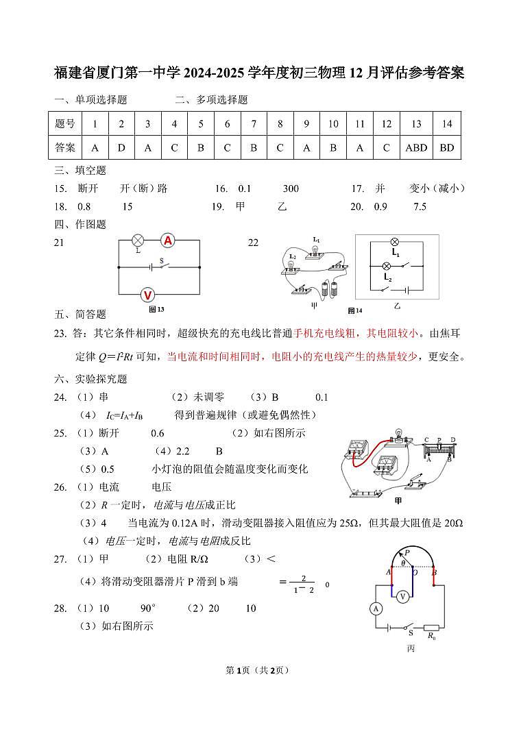 福建省厦门市第一中学2024-2025学年九年级上学期12月月考化学试题第1页