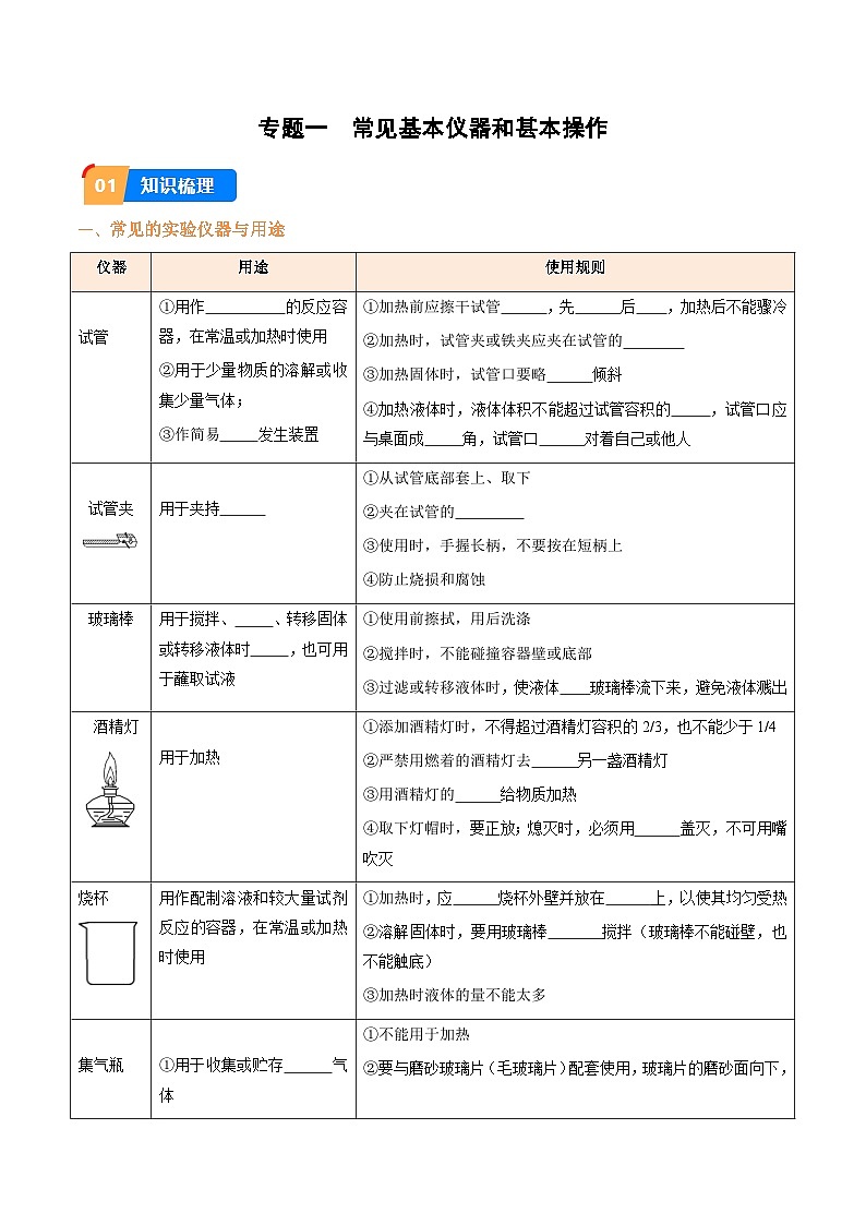 中考化学实验探究一题多设问专题1常见基本仪器和甚本操作(原卷版+解析)第1页