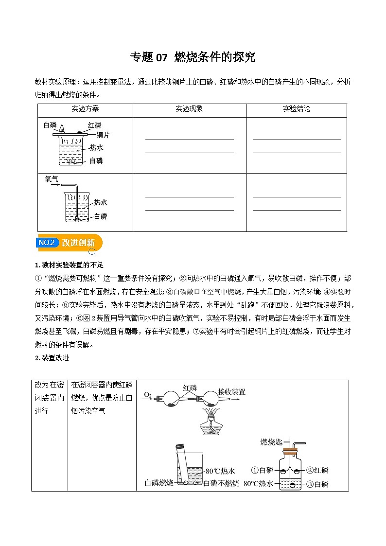 中考化学实验探究一题多设问专题07燃烧条件的探究(原卷版+解析)第1页