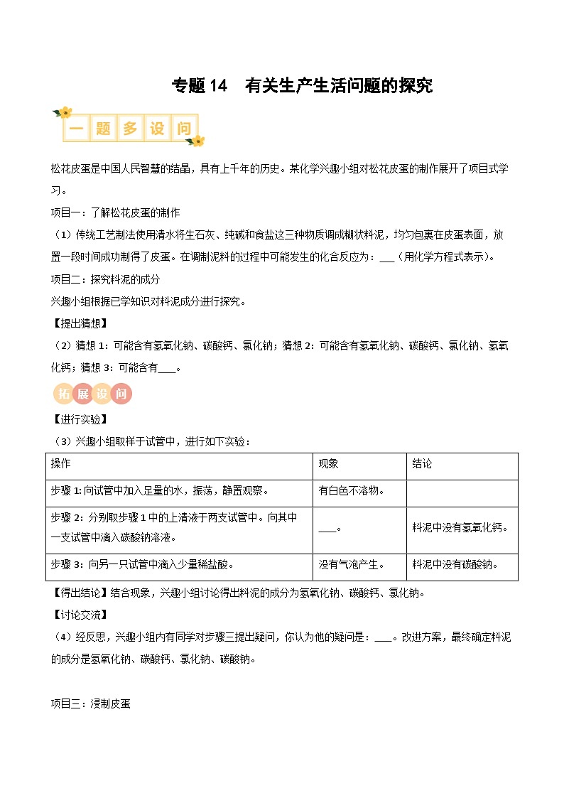 中考化学实验探究一题多设问专题14有关生产生活问题的探究练习(原卷版+解析)第1页