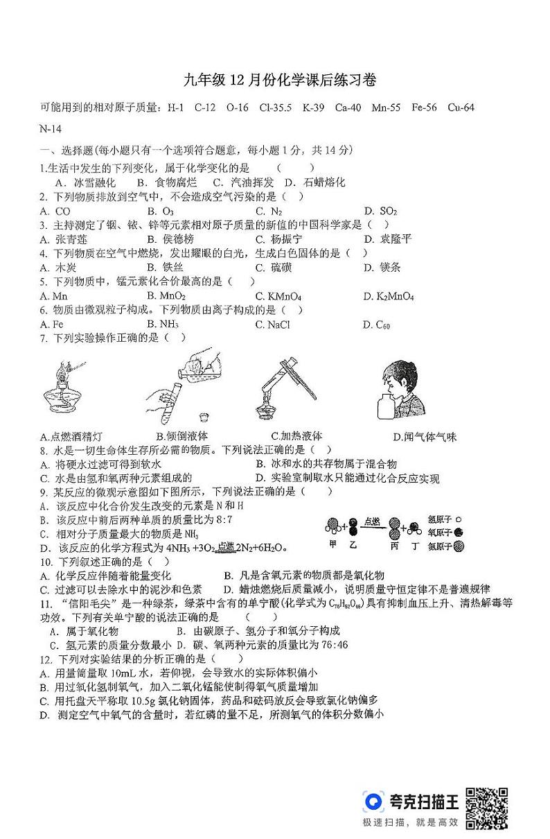 河南省新乡市新乡县河南师范大学附属外国语学校2024-2025学年九年级上学期12月月考化学试题第1页