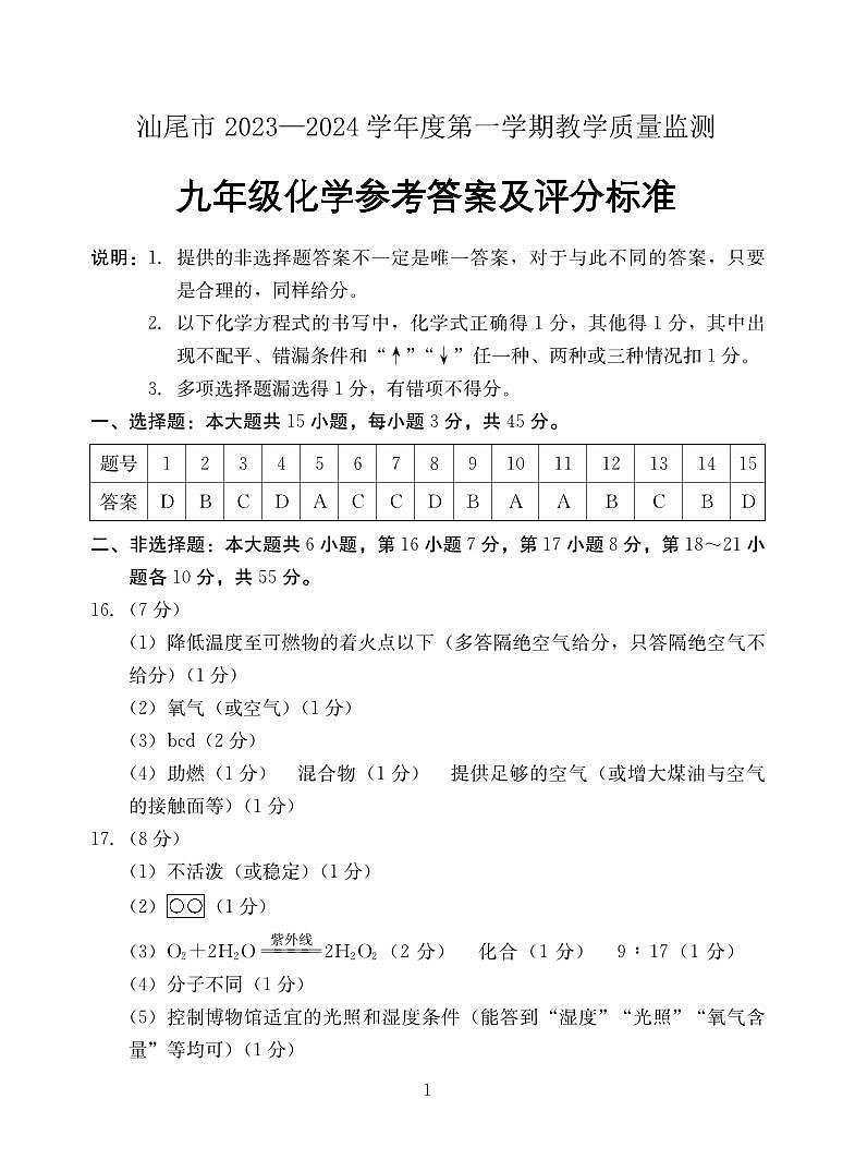 九年级化学答案(终稿)第1页