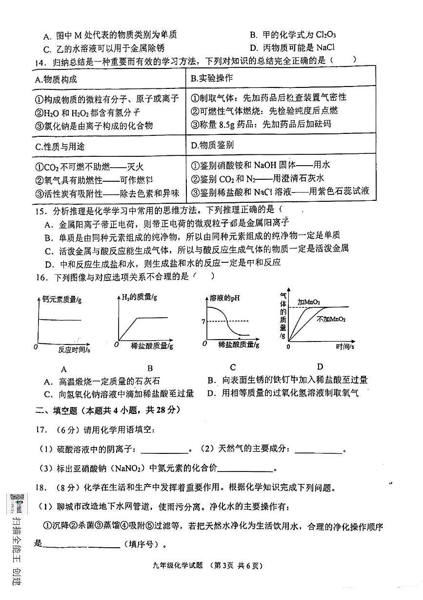 山东省聊城市东昌教育集团四校联考2024--2025学年九年级上学期12月月考化学试题第3页