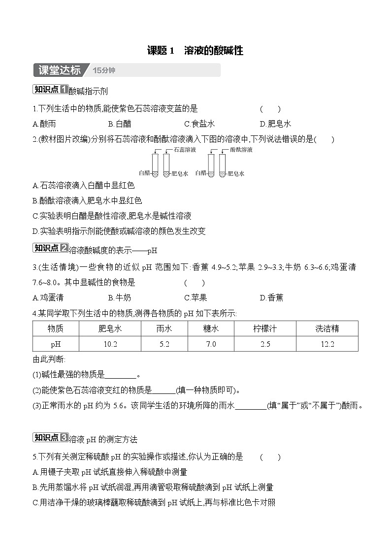 人教版2024九年级下册化学10.1　溶液的酸碱性 课时作业（含答案）第1页