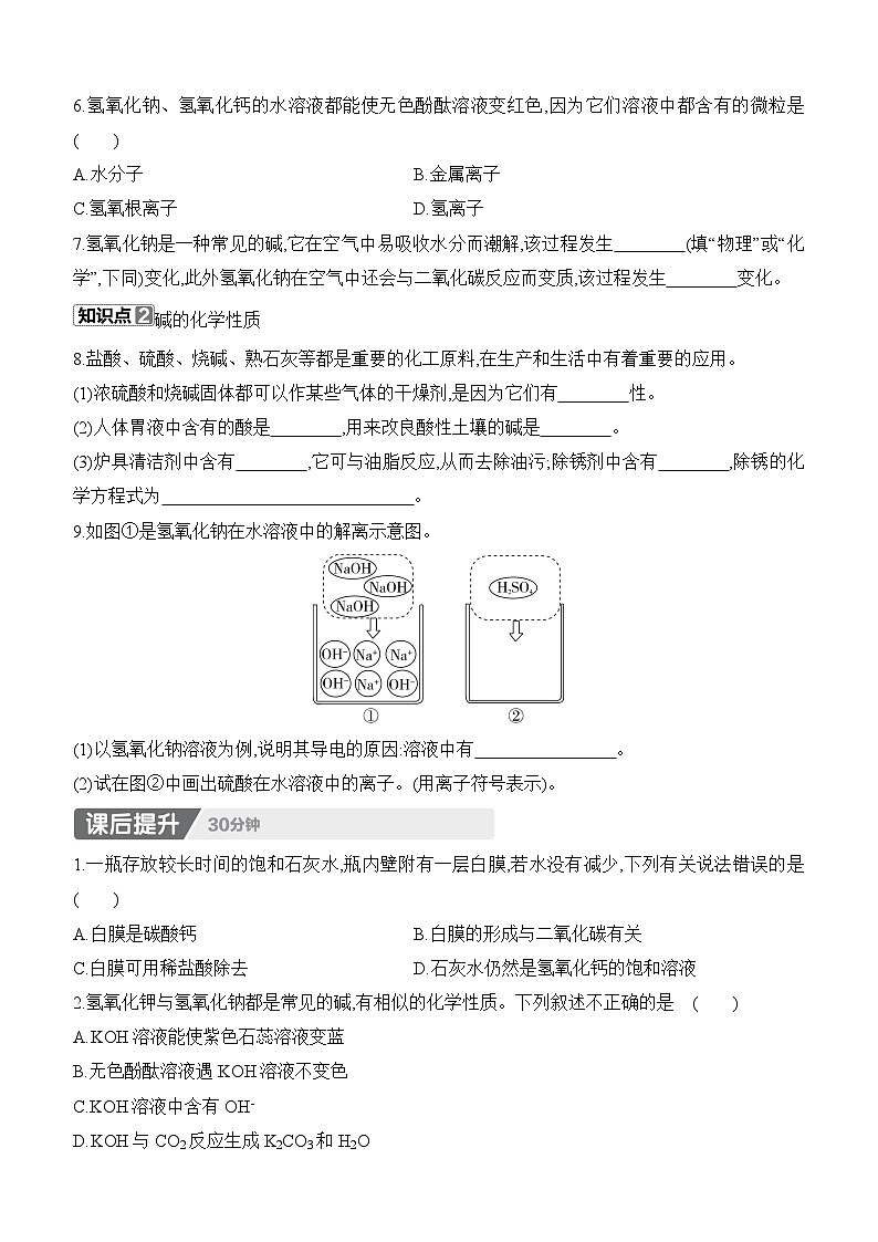 人教版2024九年级下册化学10.2　常见的酸和碱　第3课时　常见的碱及其化学性质 课时作业（含答案）第2页