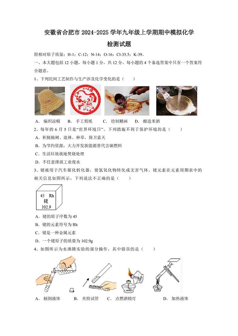 安徽省合肥市2024-2025学年九年级上学期期中模拟化学检测试题（含答案）第1页