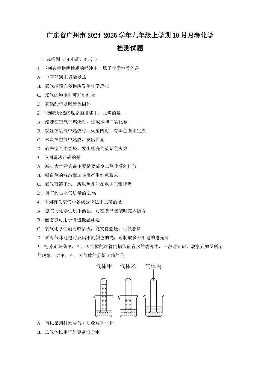广东省广州市2024-2025学年九年级上学期10月月考化学检测试题（含答案）第1页