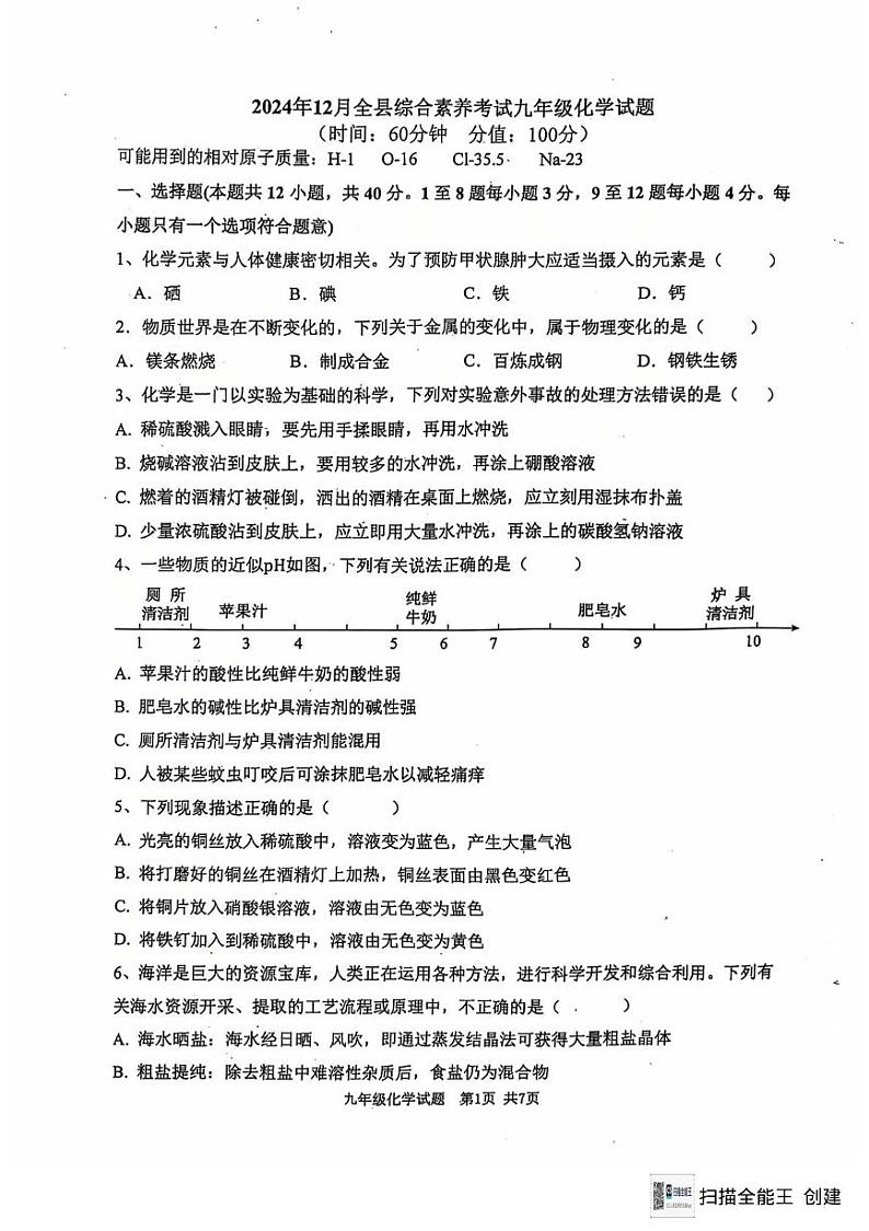 山东省东营市利津县2024-2025学年九年级上学期12月月考化学试题第1页